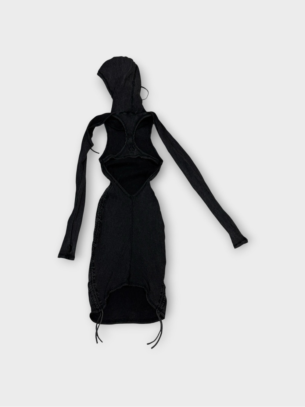 Darker Wavs Black Ribbed Hooded Cutout Mini Dress Size M Cyber Goth Avant-Garde - Picture 2 of 5